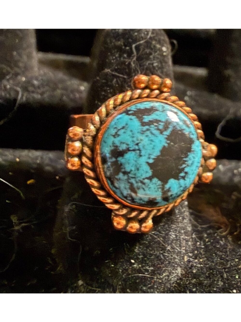 NWOT Artisan Copper Hubei Turquoise Statement Ring Adj Engraved Southwest Boho